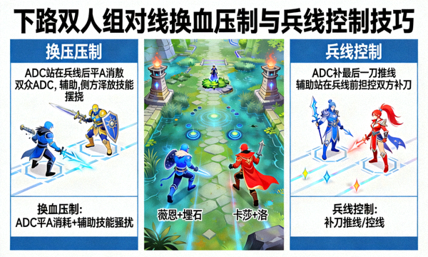 英雄联盟下路双人组对线换血压制技巧与兵线控制示意画面